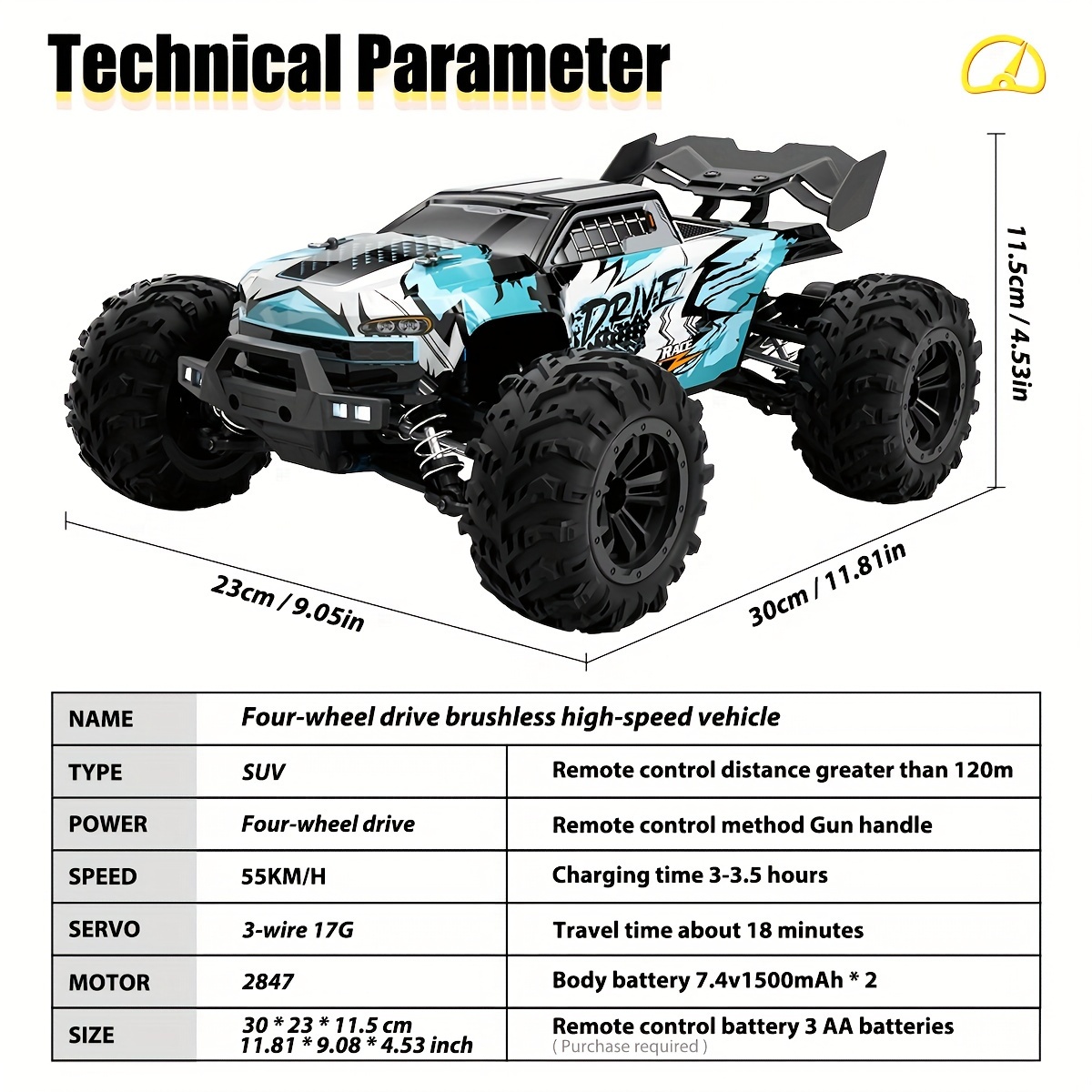 2.4G high-speed brushless off-road vehicle, with a soft pack battery, can reach a maximum speed of 70KM/ hour and a normal speed of 55KM/ hour