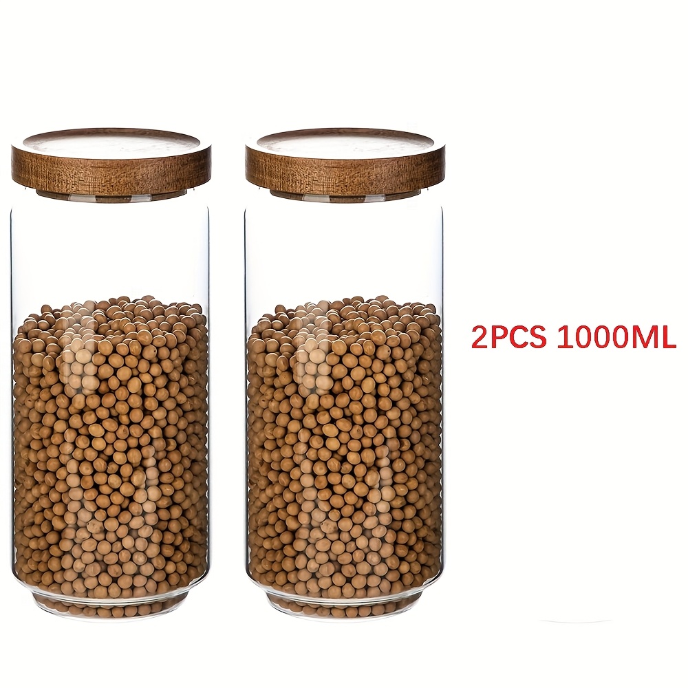Image of Each Set Of 2 Glass Food Storage Jars, Kitchen Containers With Airtight Acacia Wood Lids For Pasta, , Nuts, Coffee Beans, Cereal, Jar Set For Flour, Pantry Organization