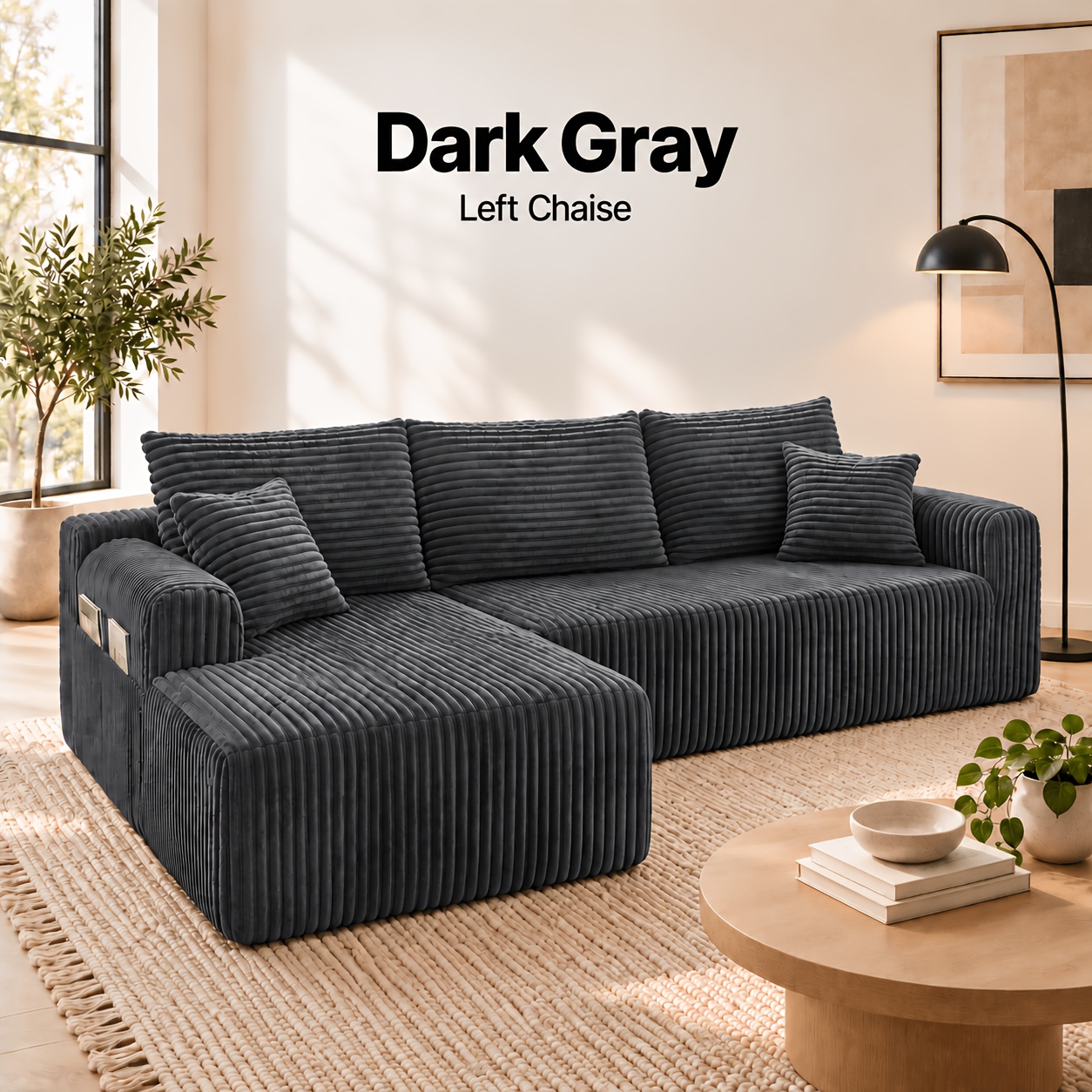 Image of L-shaped Corner Sectional Sofa 2.66 M 3-seater Corduroy Lounger Modular Frameless Boxy Frame Memory Foam Cloud Deep Seat Convertible Sleeper Sofa No Assembly For Living Room Bedroom Office