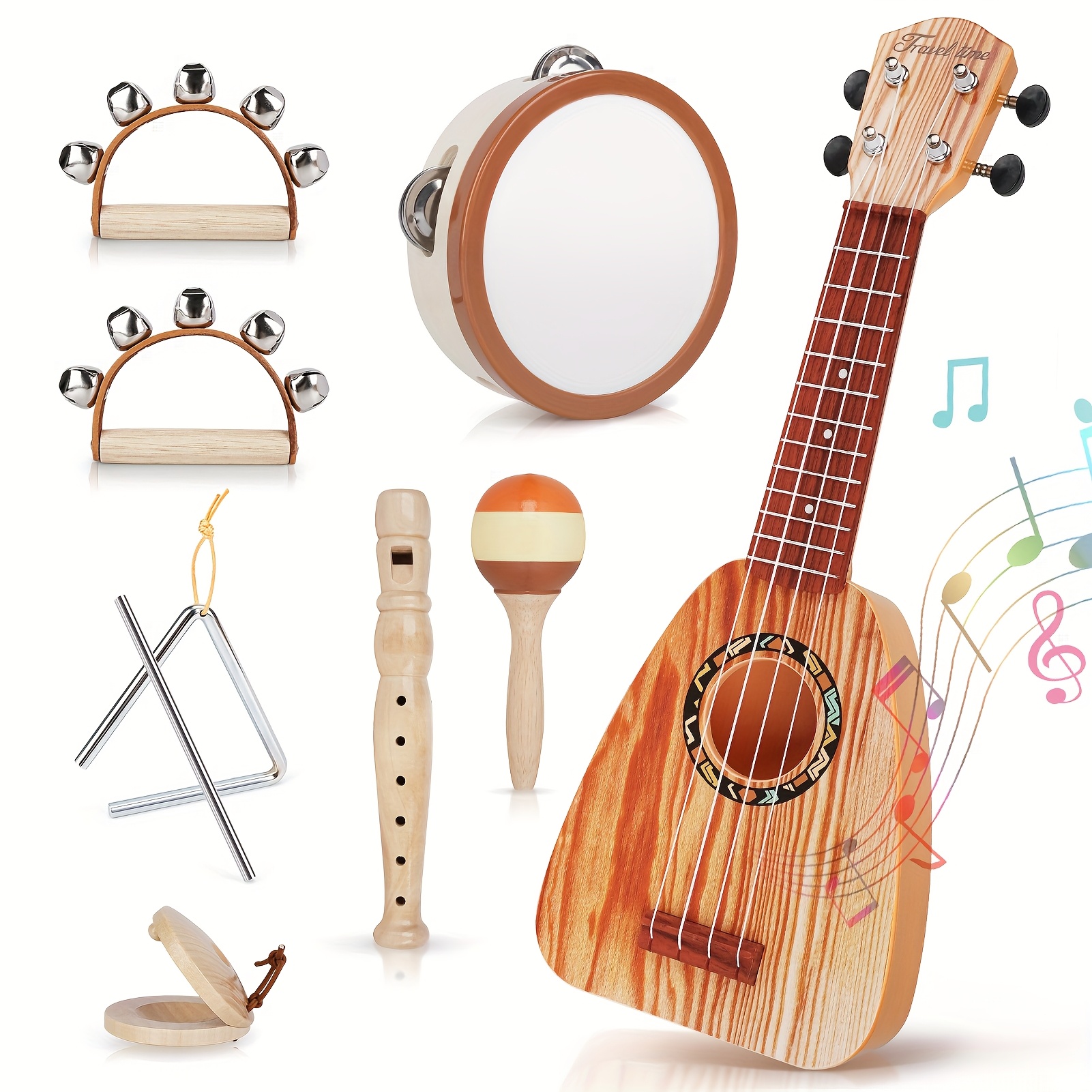 TEMU 7pcs Wooden Guitar Toys, Musical Instruments Suitable For Young Children, Band Set With Ukulele//flute Toys, Suitable For Children Months Old,