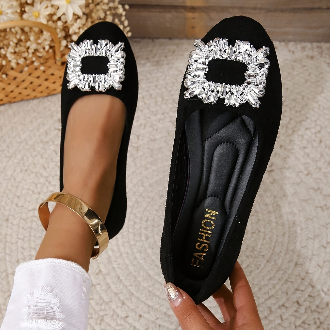 

Chic Women' Ballet Flats With Rhinestone - Slip-on, Comfortable & For All , Round Toe, Plus Size