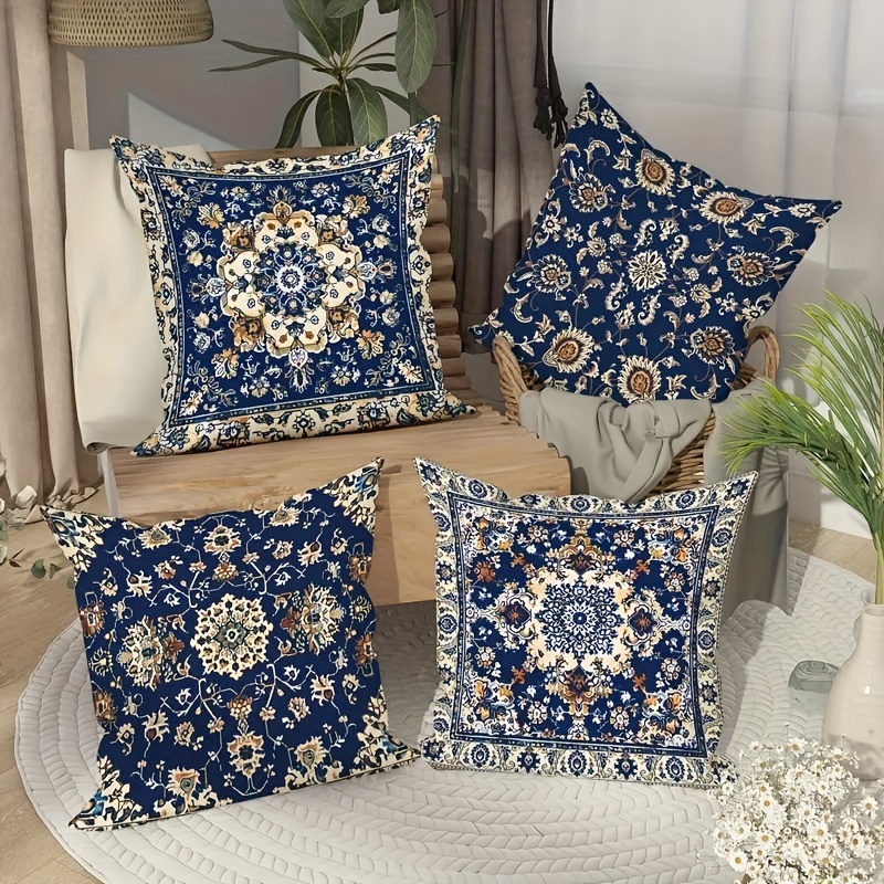 

4pcs Set Of Mandala Floral Pillowcase Floral Blue White Yellow Persian Turkish Bohemian Vintage Decorative Pillowcase 18in*18in Suitable For Living Room Bedroom Sofa Bed Decoration No Pillow