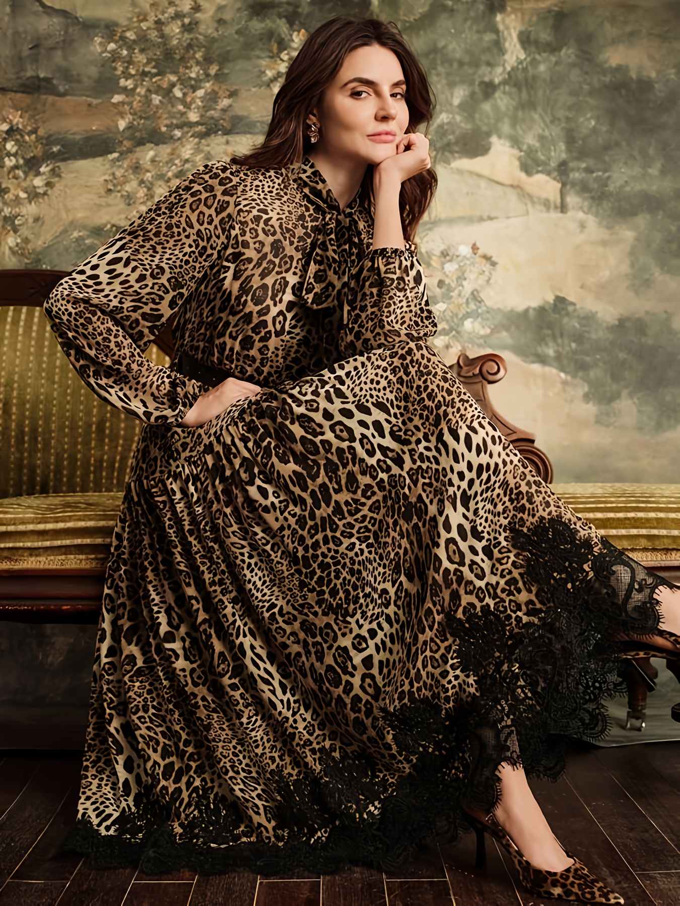 2511220661123 Elegant Women's Long-Sleeve Dress, Leopard Print Chiffon  Fabric with Contrast Lace, Suitable for Autumn and Winter