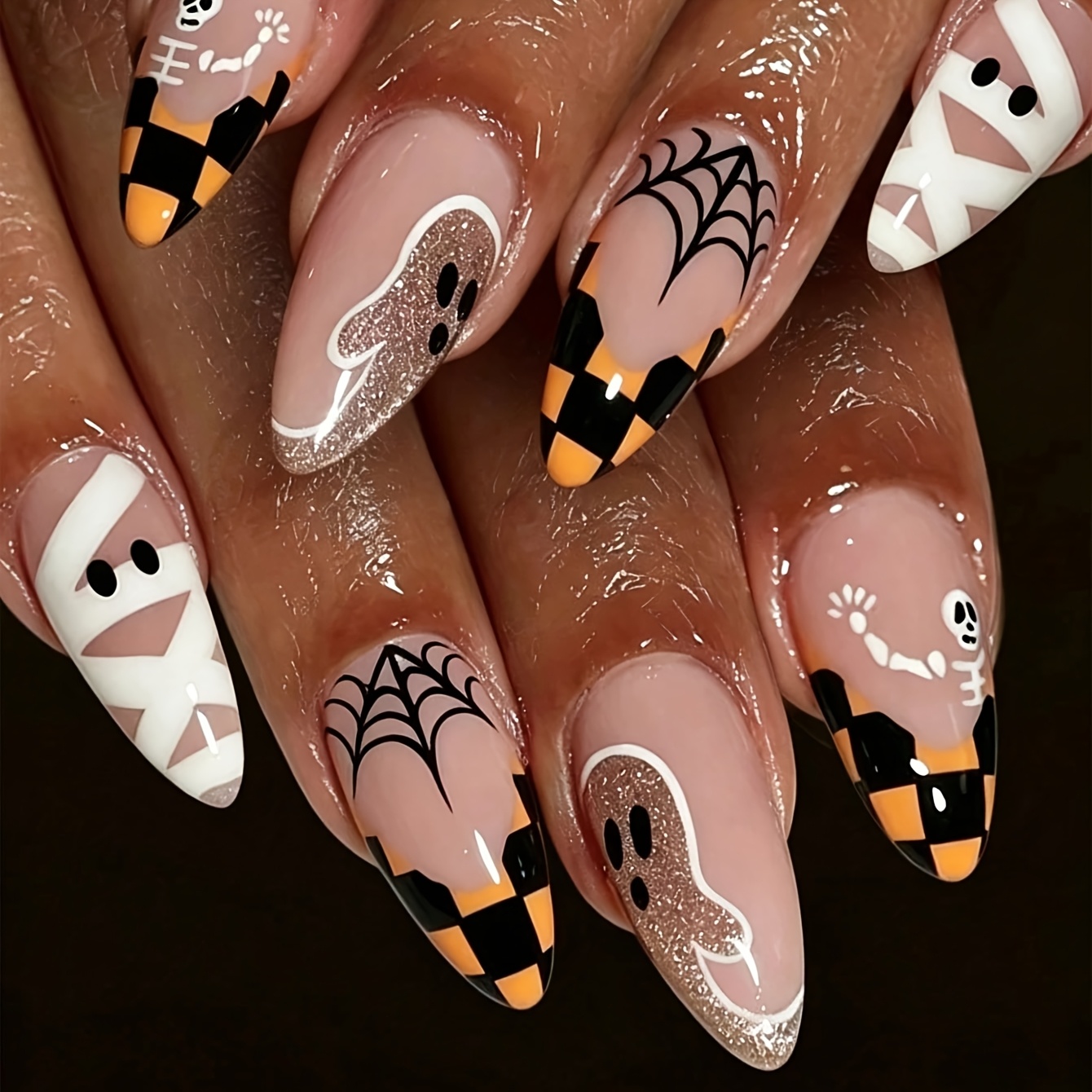 TEMU Set da 24 pezzi Unghie pre-incollate di Halloween per donna - Unghie finte a mandorla con punta francese a scacchiera e , design con a , colla e