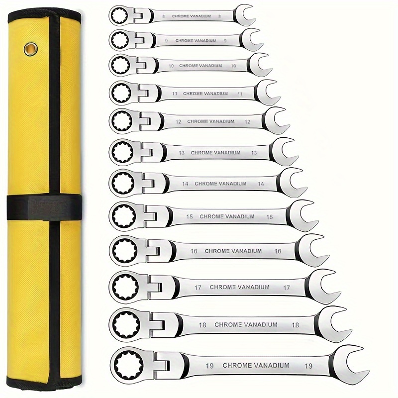 

8pcs Adjustable Ratchet Wrench Set - Yellow, Crv Material For Auto Repair & Hardware Projects