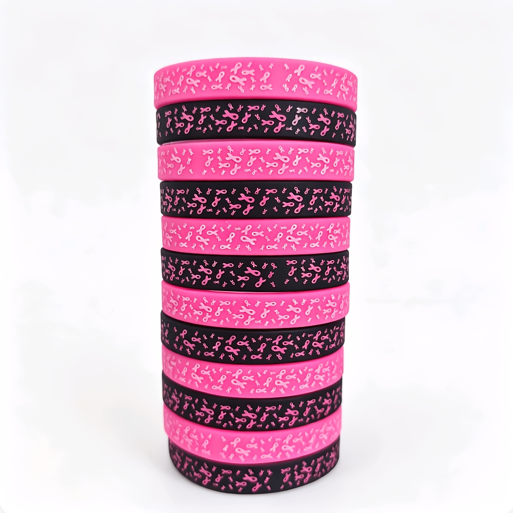 TEMU Cadeau pour elle/lui 12 bracelets en silicone rose et noir, bracelets en silicone pour la sensibilisation au du sein, bracelets en silicone ",