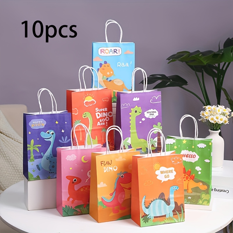 Image of 10pcs Dinosaur Party Favor Bags - Colorful Cartoon Dinosaur Design With Phrases, Sturdy Paper Gift Bags For Birthdays, Showers, Weddings & ' Events