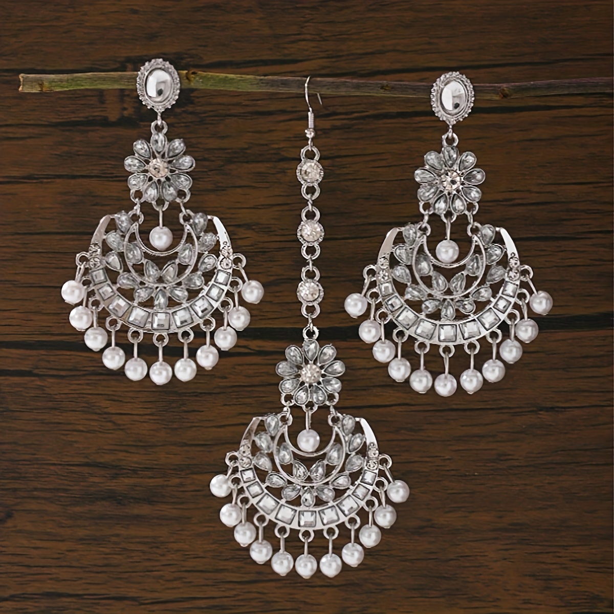 E-shop 3-teiliges Set modische Strass-besetzte Stirnkette, luxuriöses Schmuckset mit Anhängerohrringen, geeignet für den , Hochzeiten von Damen