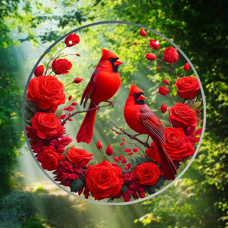 

Red Bird Acrylic Suncatcher For Windows - 1 Piece, Wedding Occasion Themed Hanging Decor With Floral Wreath, Animal Motif Clear Plastic Window Ornament, Versatile Decoration For Home, Wall, Doorway