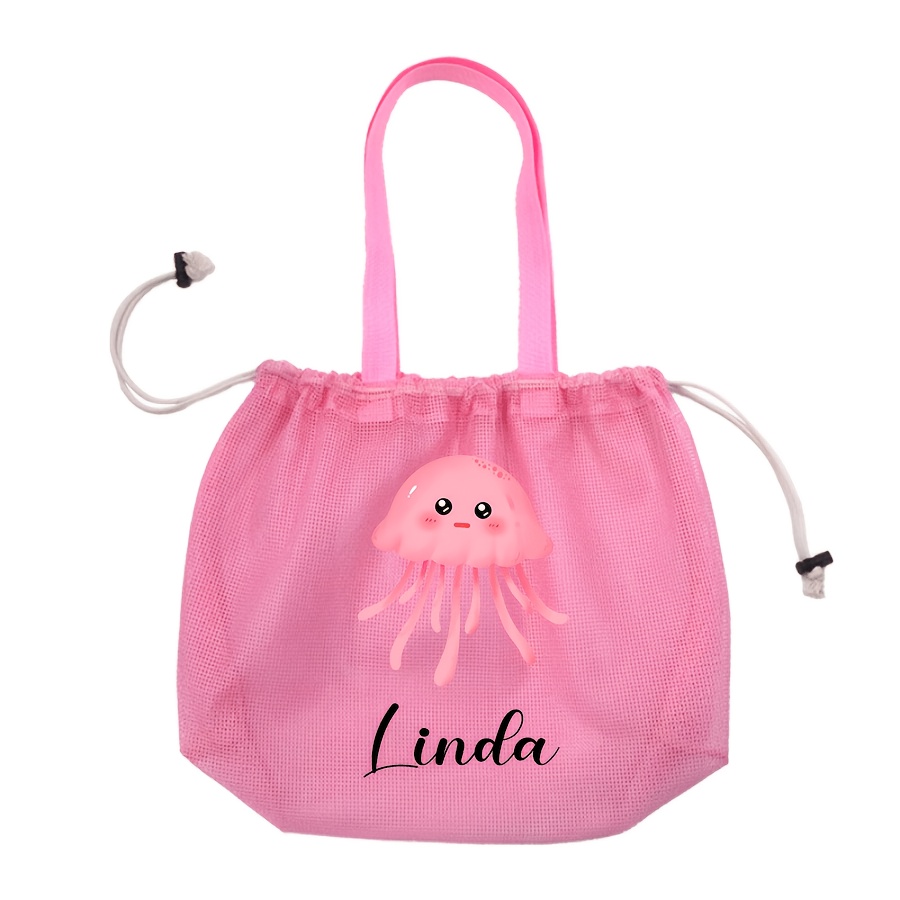 E-shop Maßgefertigte tragbare Strandtasche mit niedlichem Quallen-, Seepferdchen- -Muster, Strandtasche mit Kordelzug oben offen, Aufbewahrungsbeutel