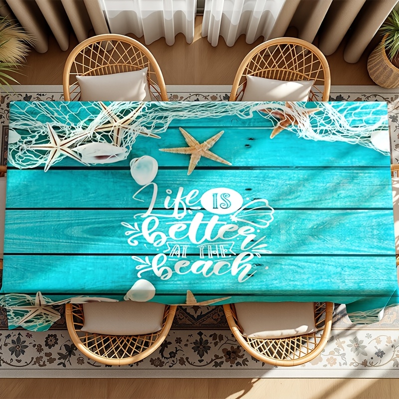 TEMU 1pc Summer Ocean Beach Kitchen Restaurant Rectangular Tablecloth, Beach Shells Starfish Tablecloth, Polyester Tablecloth, Holiday Tablecloth