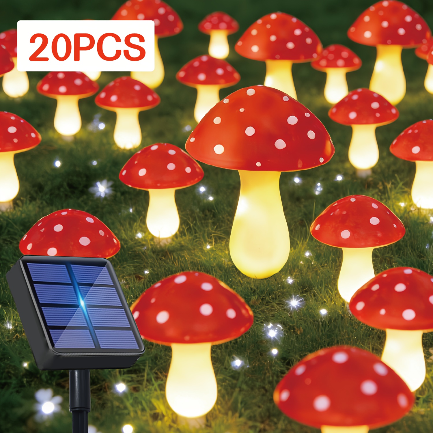 TEMU 20/10pcs Solar Powered Fairy String Lights, Flashing Mushroom Outdoor Light Strips, 10 Lighting , Red Mushroom Ground Plug Lights, Used For