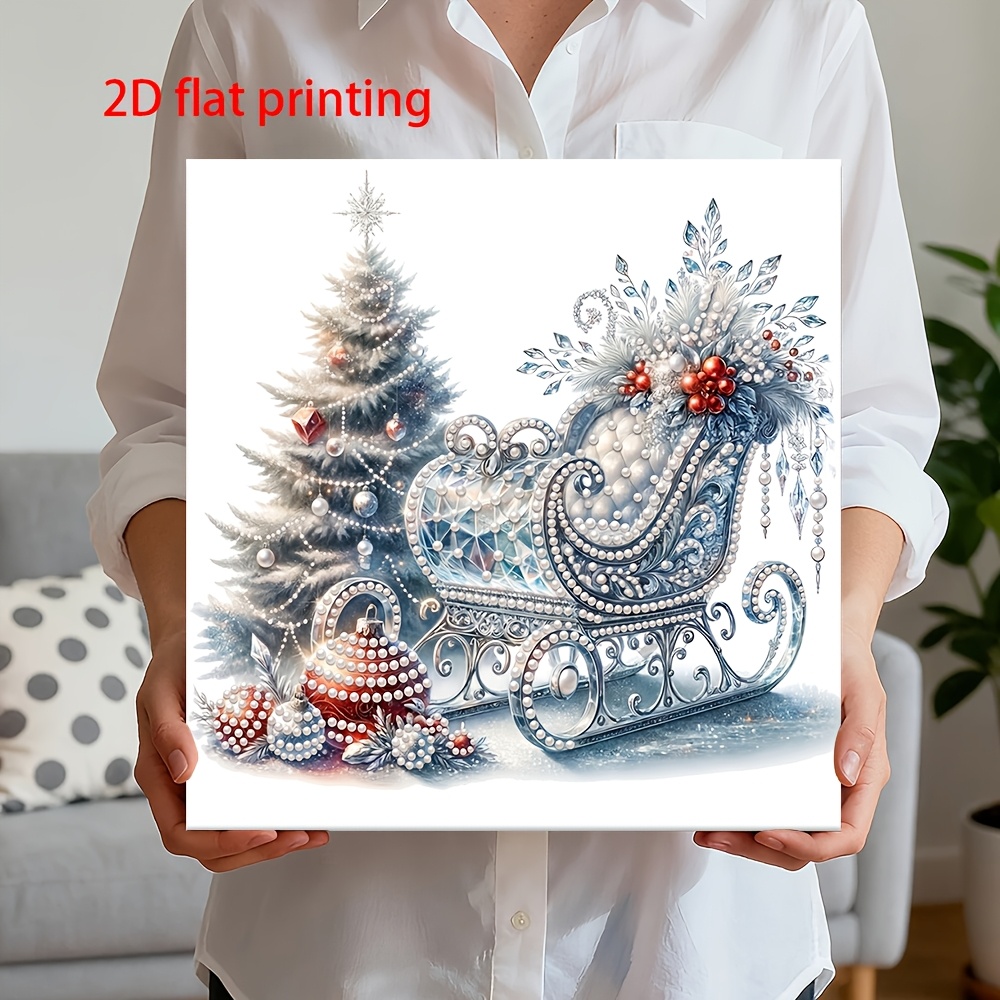 TEMU 1pc Frameless 2d/flat Plane Printed Handmade Pearl Painting Kit, Artistic Cartoon Christmas Sleigh Christmas Tree /latest Frame Art,