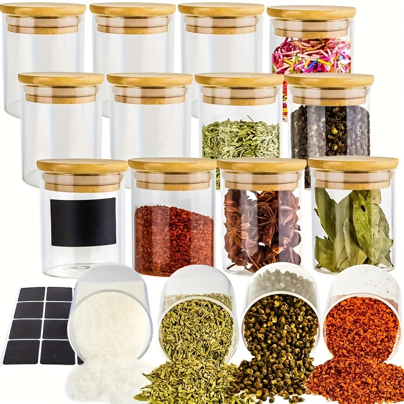 

12pcs Glass Jar Set With Airtight Wooden - Flour, Sugar, Coffee Beans & Tea Storage - Kitchen Organization Containers