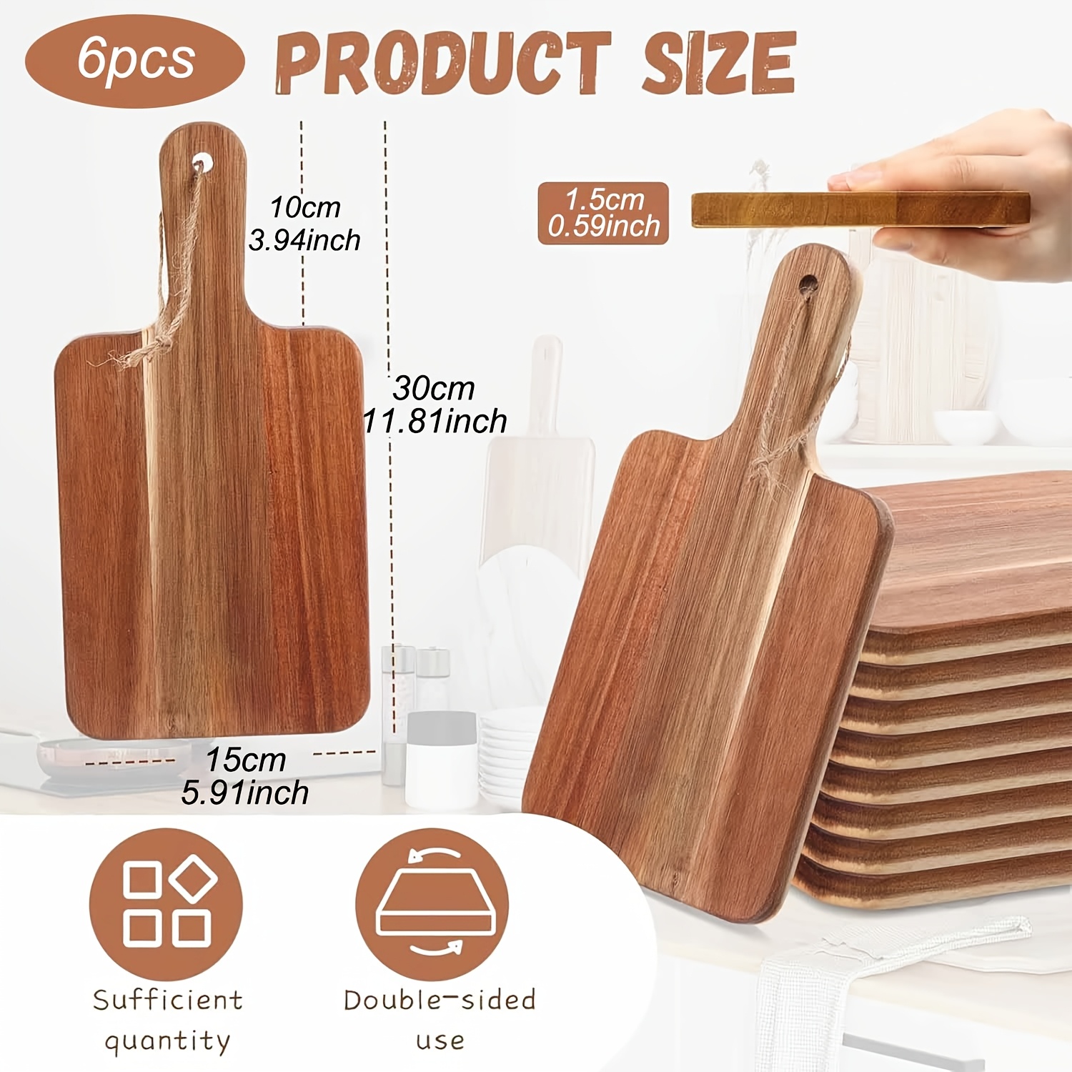 Image of 6pcs Acacia Wood Cutting Board With Handle, Cheese Boards Charcuterie Boards Gift, 11.81inch Wooden Cutting Boards Set For Kitchen, Hanging Cutting Board Decor, Bread Boards For Food, Cheese, And Meat