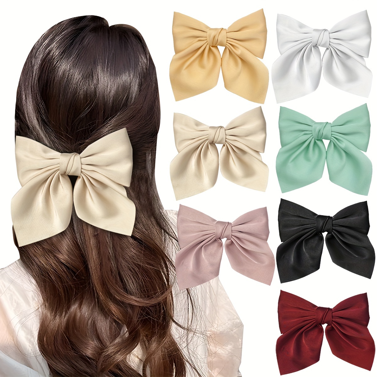 

Elegant Bohemian Fabric Bow Tie Hair Clips Set Of 7, Solid Color Butterfly Knot Barrettes, Large 5.5inch Satin Hair Accessories For Women, Suitable For Various Occasions, Christmas Gift Ready