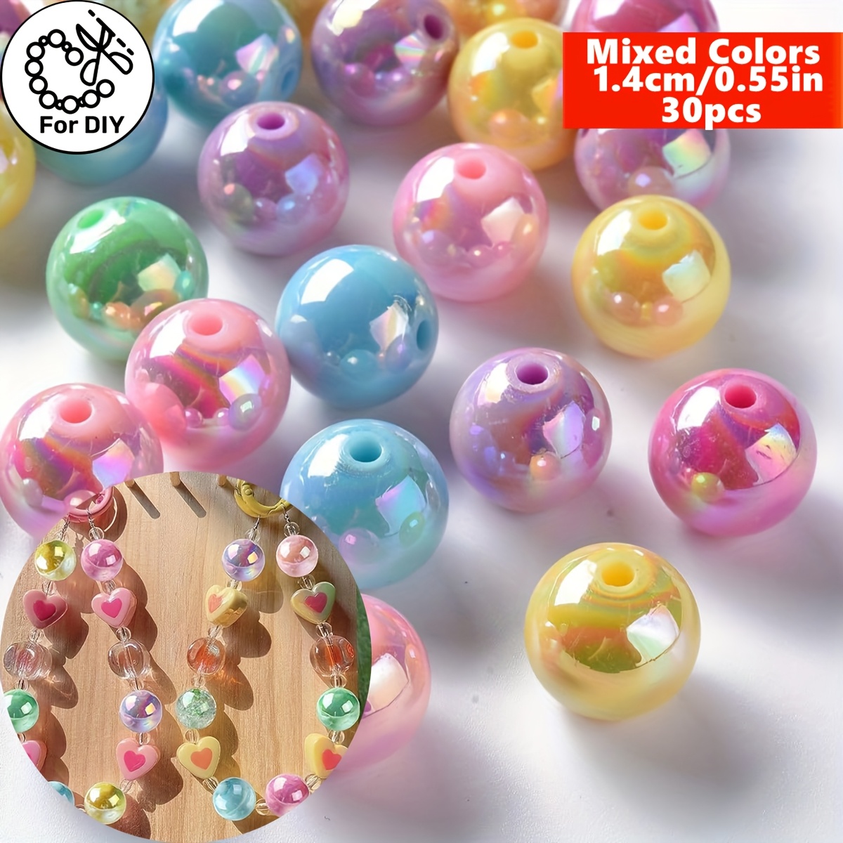 TEMU 14mm 30pcs Mixed Colors Acrylic Round Beads Spring And Scheme Loose Spacer Beads For Crafts Jewelry Necklace Bracelet Making
