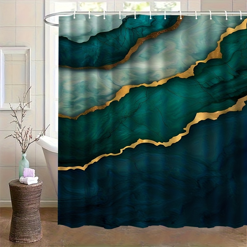 TEMU 2d Flat, 2d Flat, Jit1pc Green And Design Printed Shower Curtain, Luxurious And Stylish Bathroom Curtain With Easy Setup, Ideal For Home Decor,