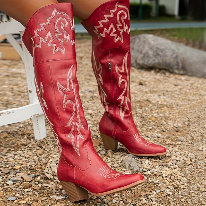 [Cowboy Boots] Women'S Vintage Western Boots Pointy Toe Block Heel Over  Knee High Boots Embroidery Detailing Cowgirl Shoes Vintage Retro Style L