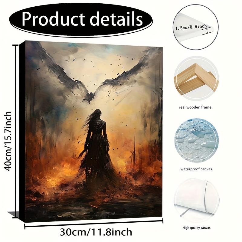 TEMU 1pc Art Mural Mystique de - Mythologie , Figure Ailée avec Fond Igneux et , Peinture Gothique de Folklore Irlandais, Toile Texturée à Accrocher