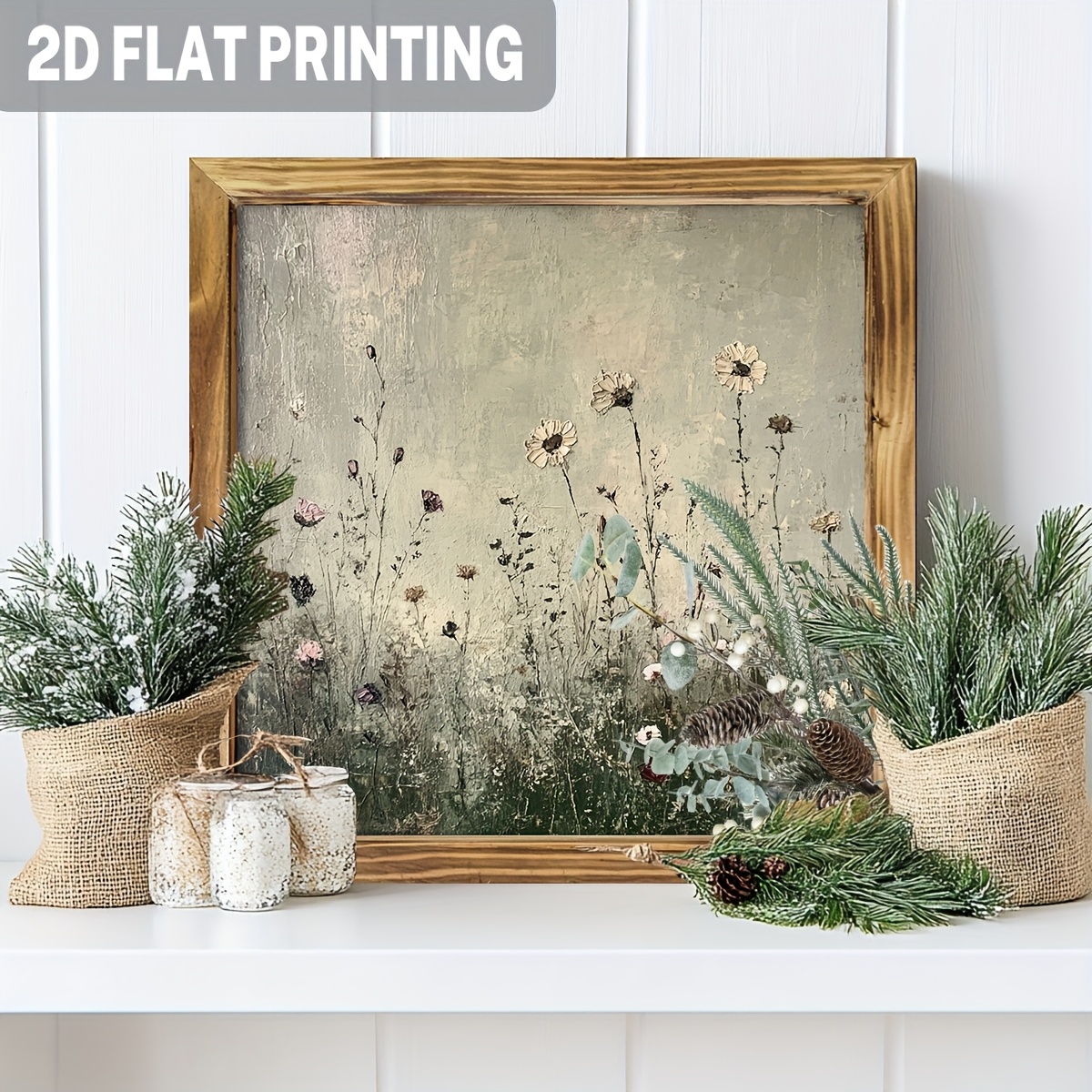 E-shop 2D Flach, 1 Stück Rustikale Wildblumen Holzgerahmte Wanddekoration - Wildblumenwiese Schild mit Holzrahmen, 8x8 Zoll, geeignet für Zuhause,