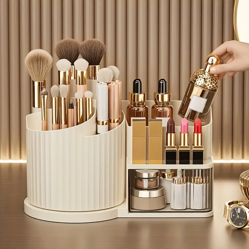 360 rotating makeup organizer with brush holder drawer makeup vanity organizer with brush storage lipstick office stationery space saving countertop organizer no power needed elegant bathroom desk durable plastic construction bathroom storage polished home organizers Product details 0