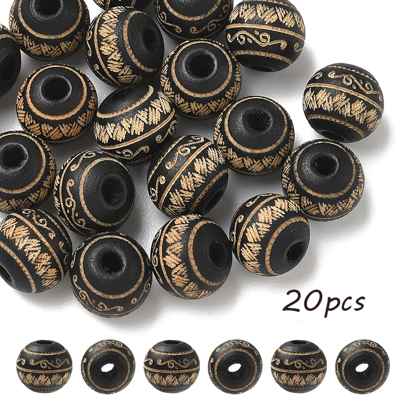 TEMU 20 perles naturelles en bois, perles rondes noires peintes avec motif de feuille gravé au laser, parfaites pour la fabrication de bijoux DIY,