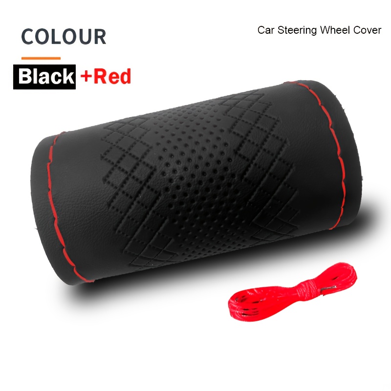 TEMU 1pc Faux Leather Hand-stitched Car Steering Wheel Cover (with 1pc Blunt Needle And 1pc Sewing Thread), Car Handle Cover, Stitching Design