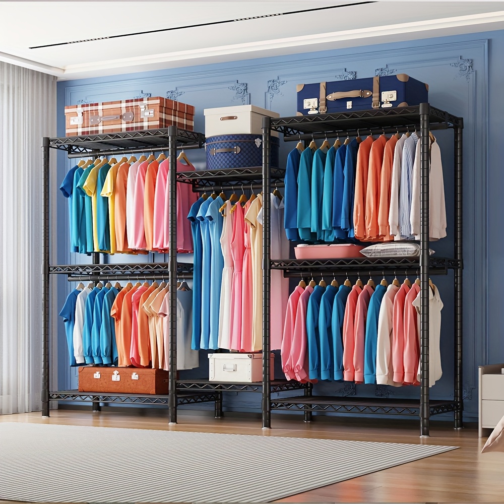 TEMU Heavy Duty 3 Column Wardrobe Closet With 8 Metal Shelves And 5 Hanging Rods, Freestanding Clothing Rack For Hanging Over 200 Garments, 77" H X