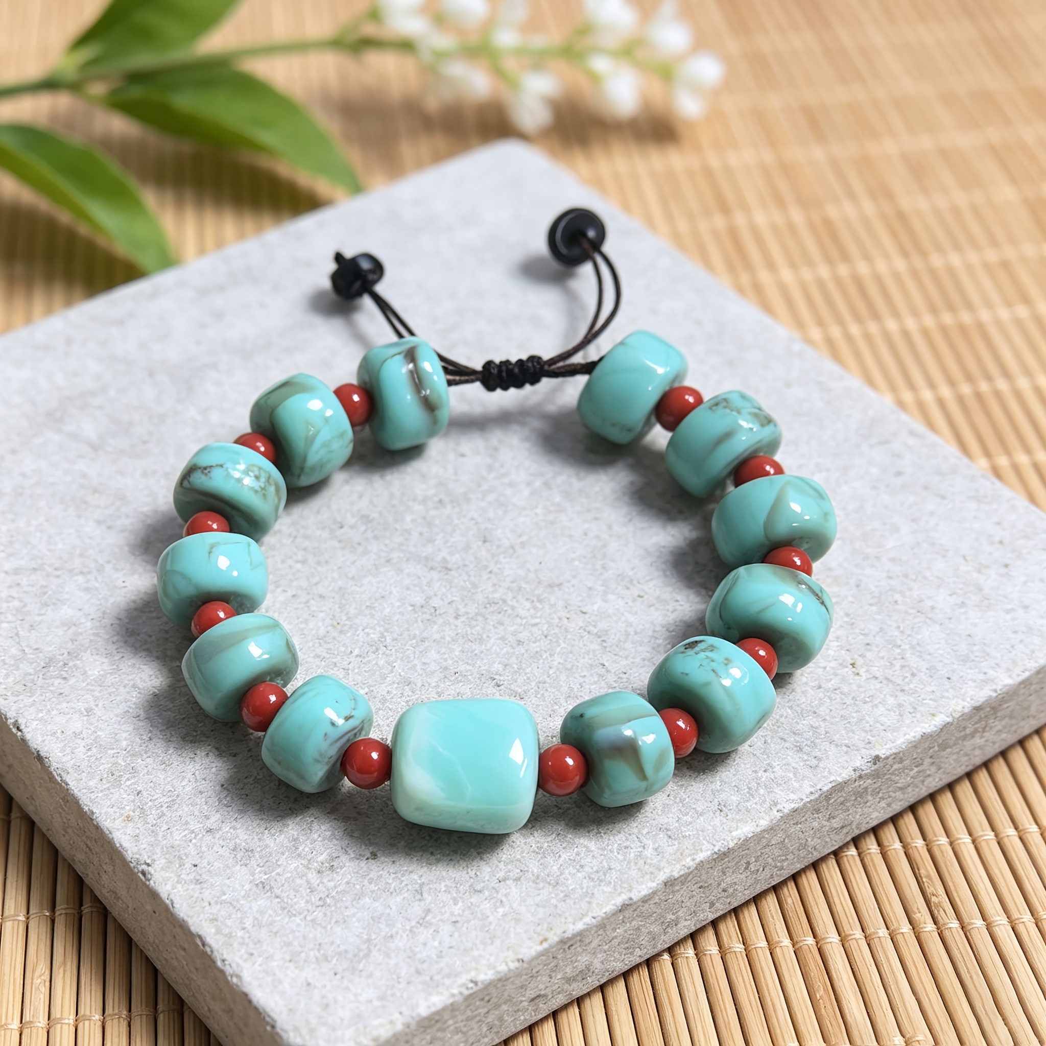 TEMU 1pc Elegant, Simple And Stylish Turquoise Adjustable Braided Bracelet, Drum Bead Wristband With Red Spacers, Boho Spiritual Jewelry Gift For Men