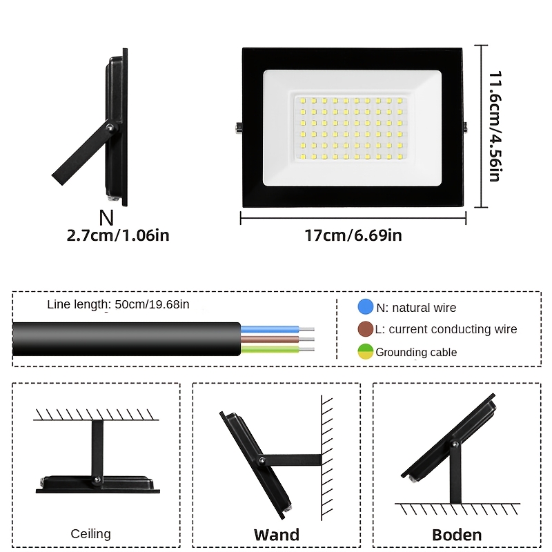 Image of 2 Pack Led Flood Light, 50w Outdoor Floodlight, 220-240v 6500k Led Projector Spot Light, No Battery, Hardwired, For Garden, Garage, Exterior