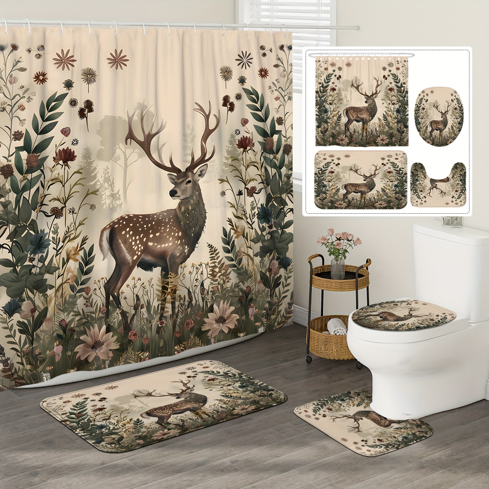 

1/4pcs Rustic Deer Shower Curtain And Mats, Waterproof Shower Curtain With 12 Hooks, Non-slip Bathroom Rug, Toilet U-shape Mat, Toilet Lid Cover Pad, Bathroom Decor, Shower Curtain Sets For Bathrooms