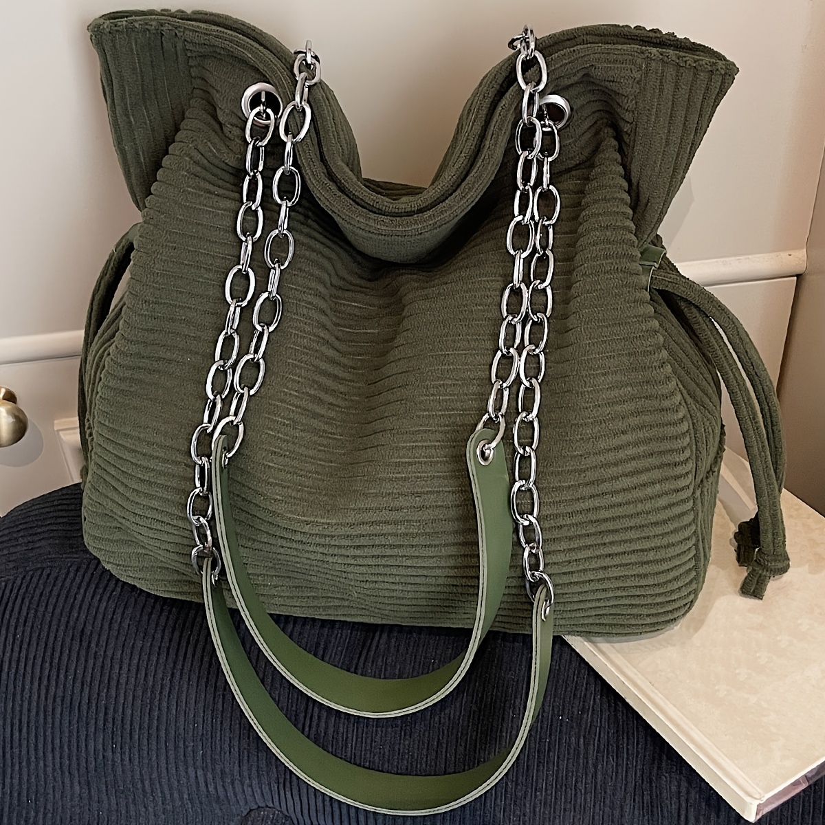 Image of [corduroy] New Women's Handbag Tote Bag, Large Capacity Women's Casual Shoulder Bag, Chain-strap Daily Handbag, Work Bag, Back-to- Item Book Storage Bag, Phone Pouch Wallet