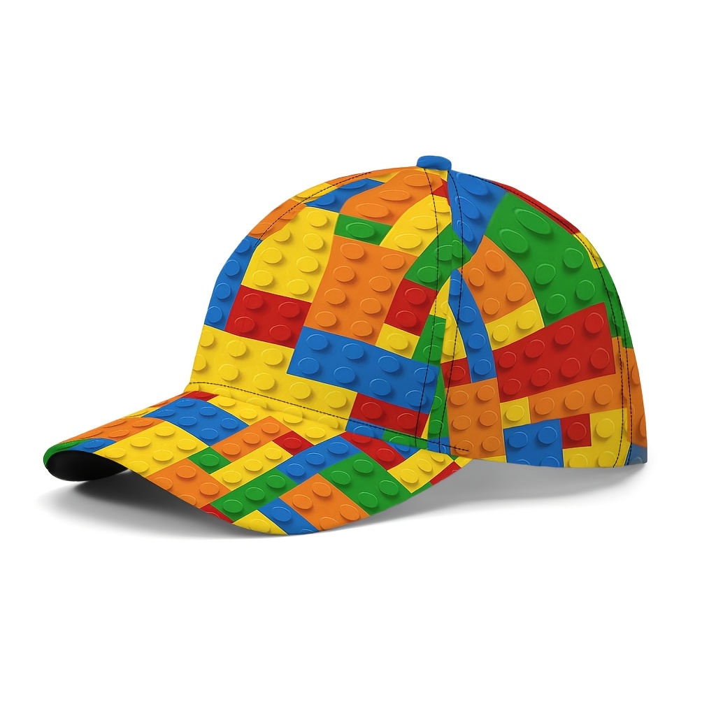 TEMU 2d Flat - 1pc 2d Flat Cartoon Printed Baseball Cap | Adjustable Strap, Colorful Interlocking Toy Brick Pattern In Red, Yellow, Blue, Green,