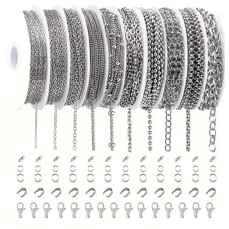 Image of 10 Rolls Of 304 Stainless Steel Making Chains, 10 Different Styles Of Metal Chains And Accessories, Diy Craft Enthusiasts