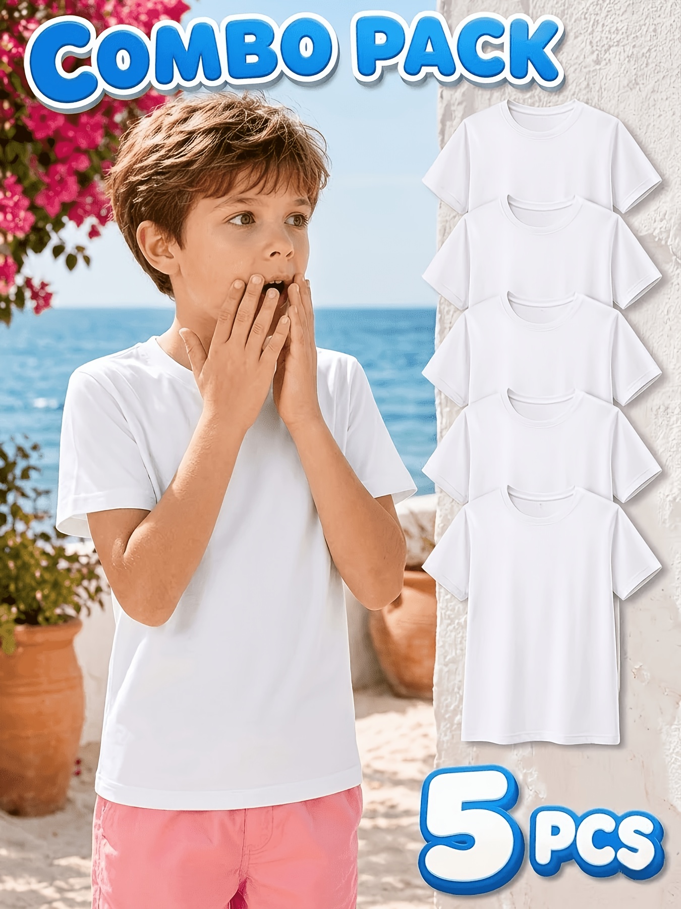 5pcs of childrens summer white short sleeved t shirts soft round neck   breathable and lightweight suitable for outdoor activities childrens gift clothing simple and stylish tops smooth fabric
