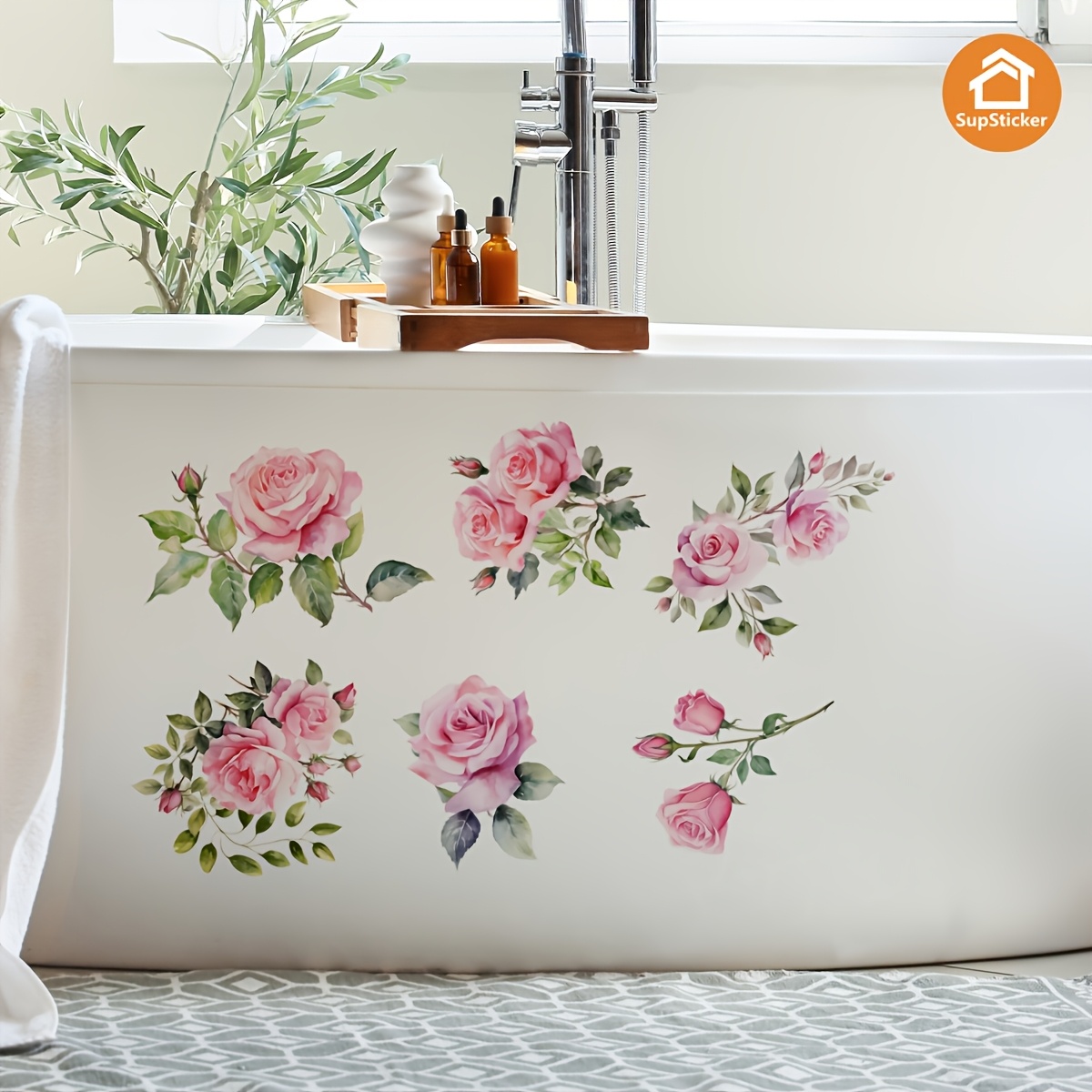 TEMU 1 autocollant décoratif pour carrelage de salle de bain avec motif rose aquarelle, rose et feuille verte, autocollant d'art imperméable pour