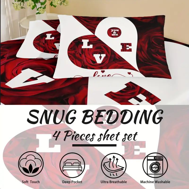 4pcs red and white roses sheet set heart shaped valentines day couples bedding with flat sheet duvet cover and 2 pillowcases breathable suitable for suitable for bedroom and hotel Product details 0