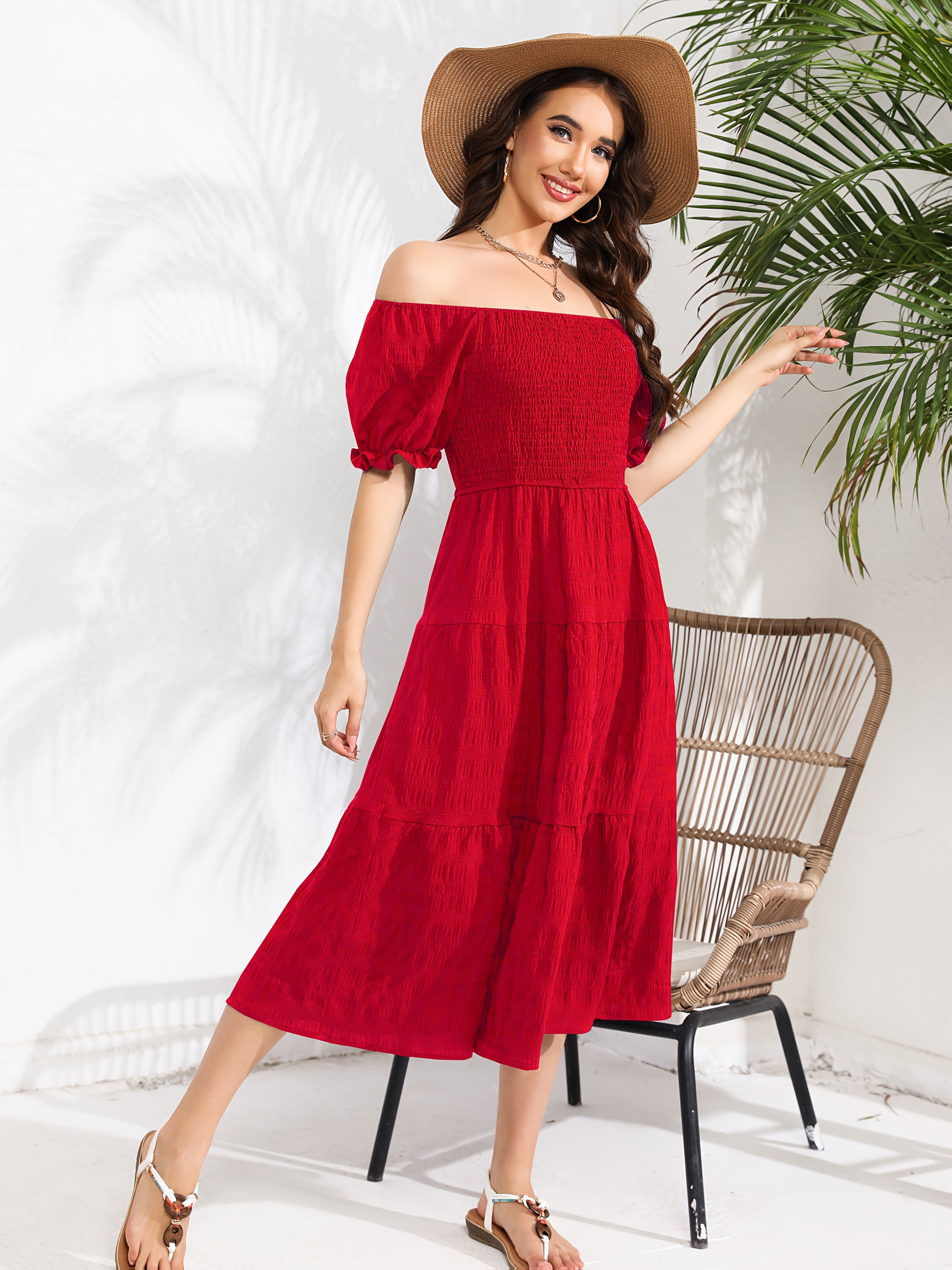 elegant shoulder red midi dress sleeves cinched Temu Portugal