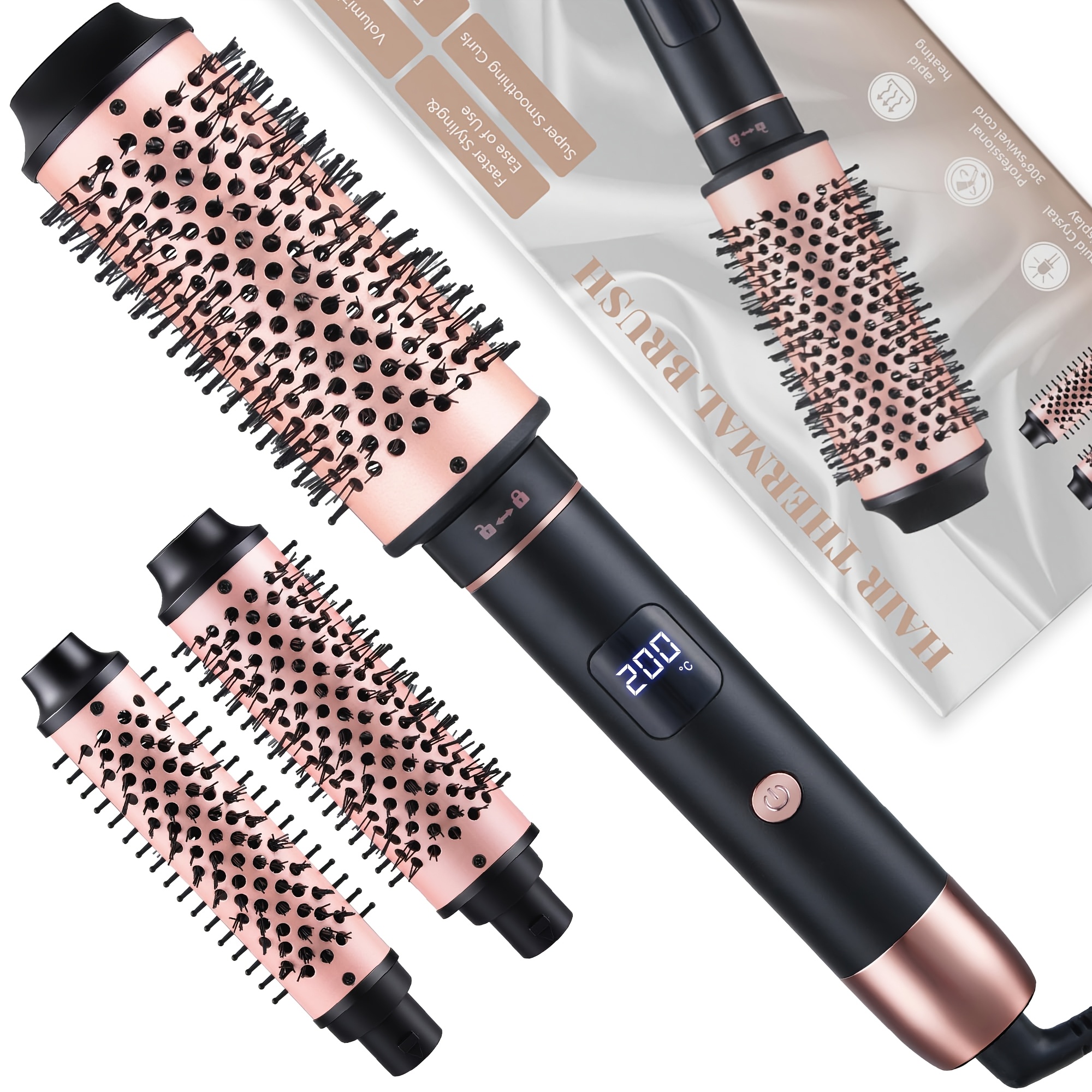 3-in-1 Heat Brush Set, Brush Set, Negative Ion Thermal Round Brush, Dual Voltage Heated Round Brush Styler With Removable Brush In 3 Sizes For Short And Long Hair, Fast Heating