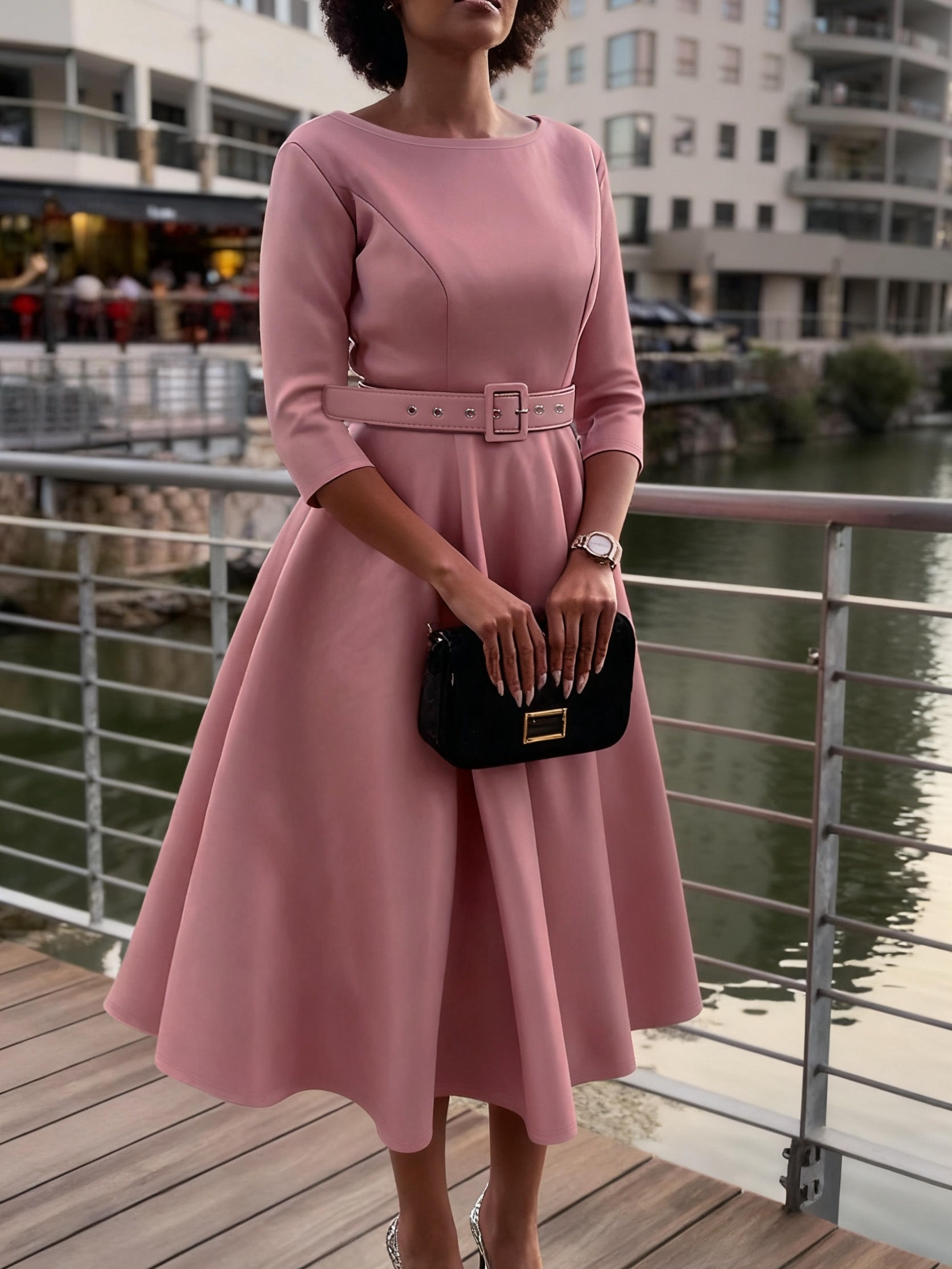 Women's Midi Dress with Three-Quarter Sleeves, Simple, Professional, and  Elegant * Suitable for Work and Daily Wear, Features a Belted Waist to *  and * the Figure * a Proportionate Look, with Pleated ...
