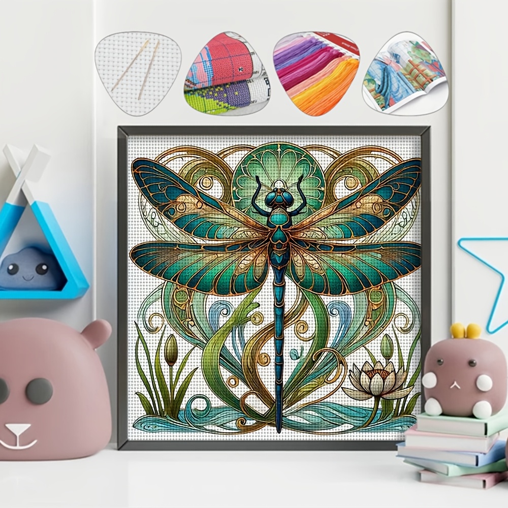 TEMU 1 Set Dragonfly Pattern Printed Cross Stitch Kit, 11ct Precision Print, 14.17x14.17 Inches, Diy Embroidery Material Pack With Full Set Of Tools,