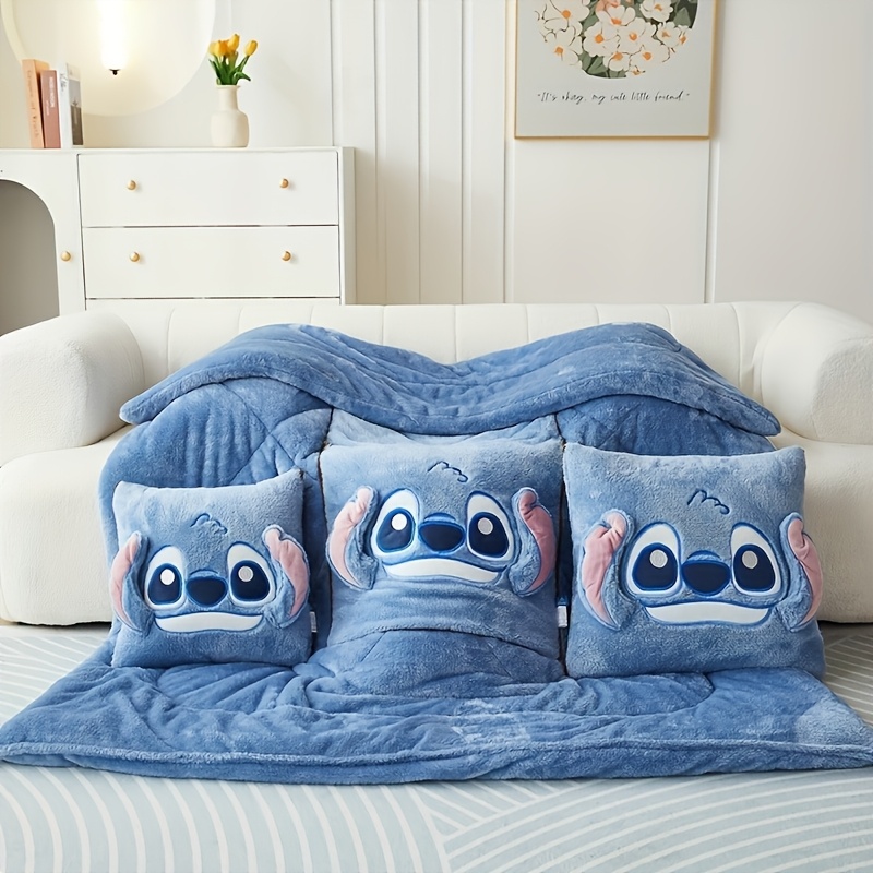 Disney Stitch Pluche Kussen en Deken Set, Met een Moderne Cartoon Thema en een Decoratieve All-Season Deken, Draagbaar en Multifunctioneel