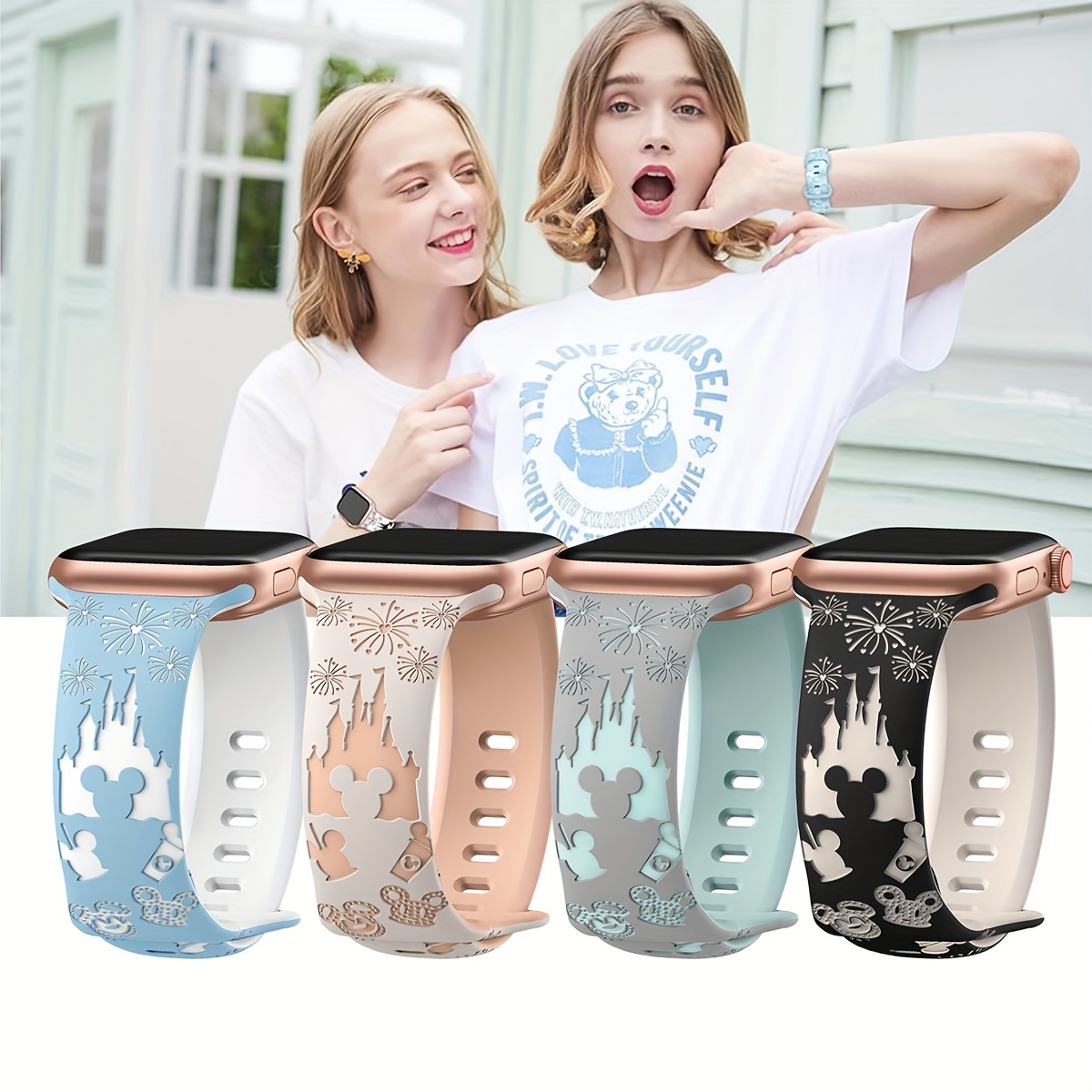 

Cute Dual-tone Castle And Fireworks 3d Engraved Watch Band, Soft Silicone Sport Strap Compatible With Iwatch Series Se/9/8/7/6/5/4/3/2/1, For And Casual Wear