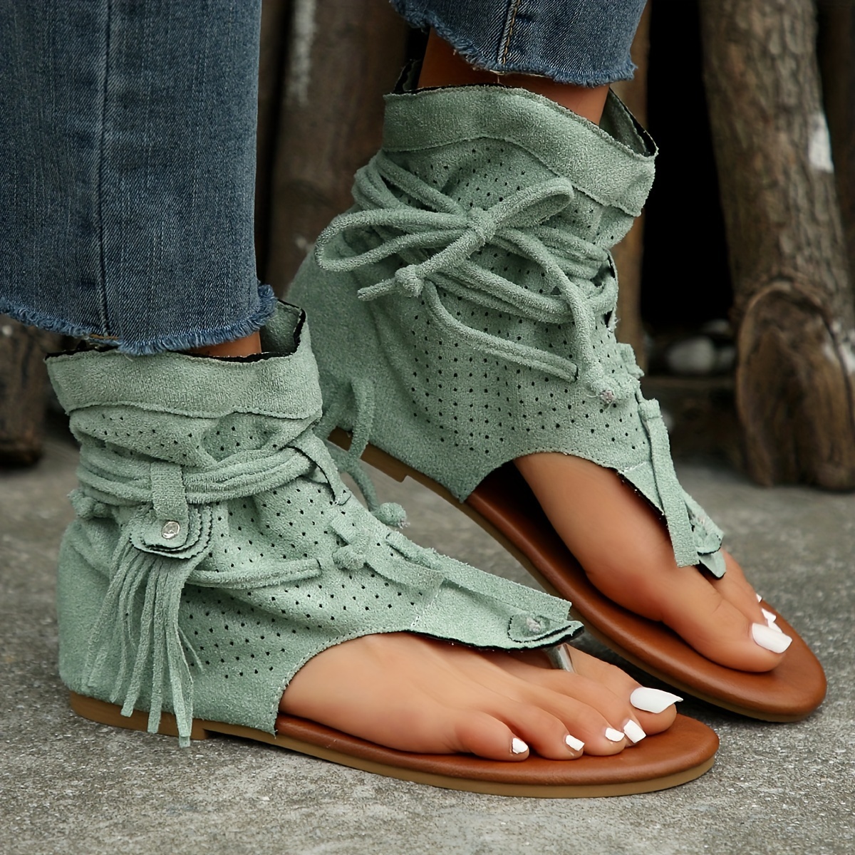 Sandals for Women Casual Summer Comfy Strappy Sandals Casual Bohemian  Sandals Lace Up Flat Beach Sandals Retro Clip Toe Shoes Black