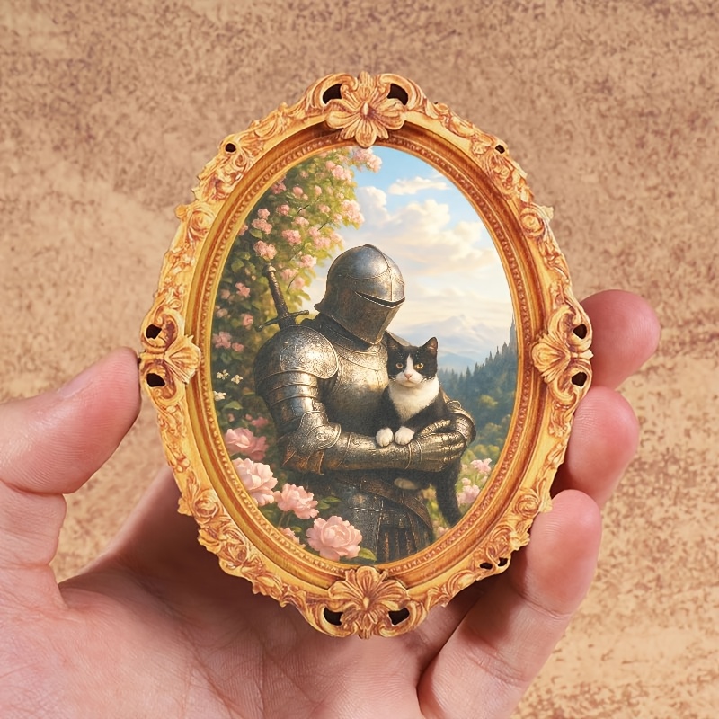 TEMU 1 Vintage-style Oval Mini-fridge Magnet Shaped Like A Photo Frame, Featuring An Armored Knight Holding An Adorable Black-and-white Kitten. A