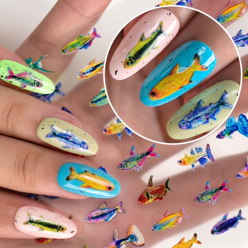 

1 Set Of Self-adhesive 3d Fish Nail Stickers, Cartoon Decals, Plastic Embellishments With Embroidered Detail, Matte , Irregular Shape, Single Use, Unscented, Animal Theme Nail Art Decor