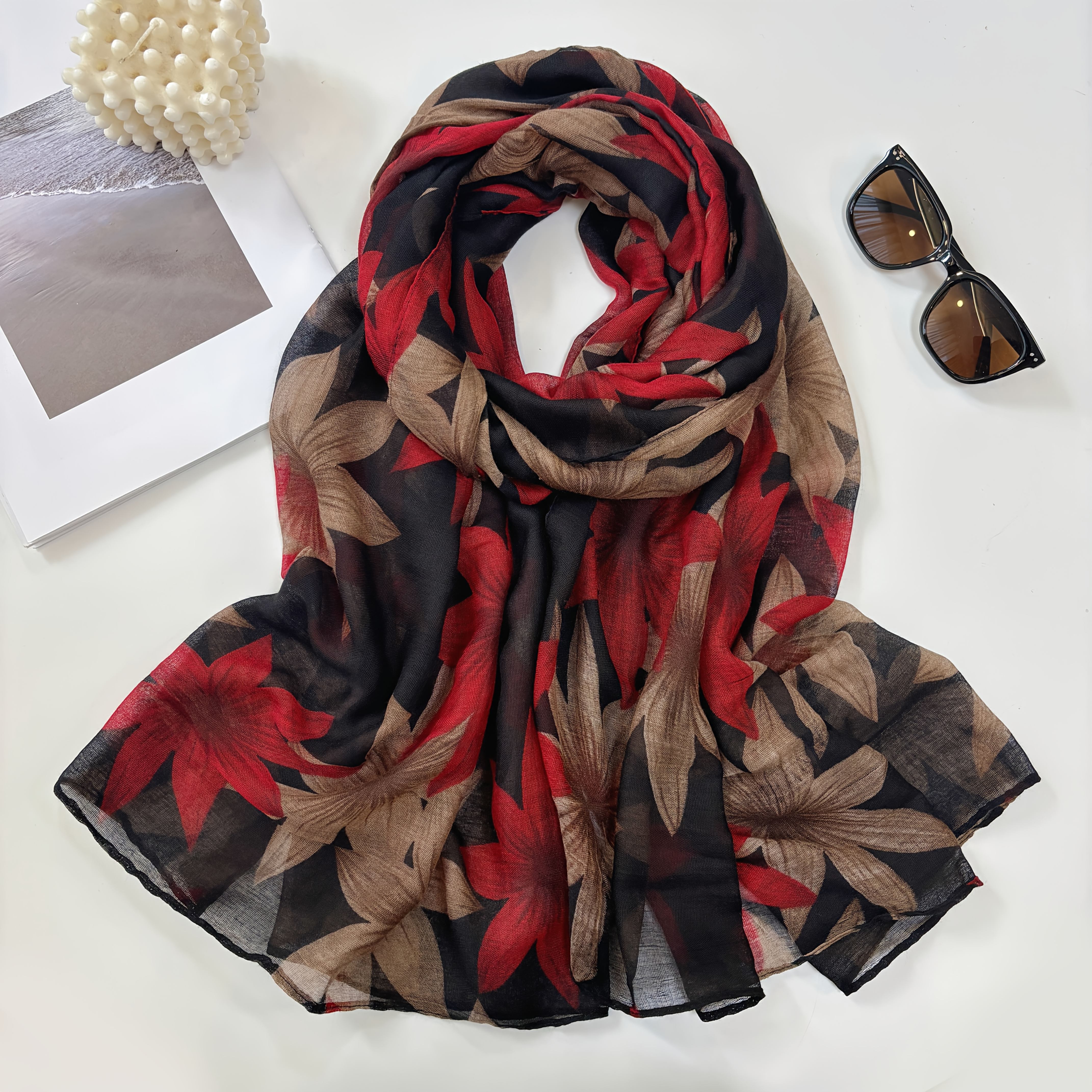 TEMU A Vintage Elegant Color- Long Scarf Shawl Made Of Lightweight And Soft Fabric, Featuring A Floral Print In Contrasting Colors, Breathable And