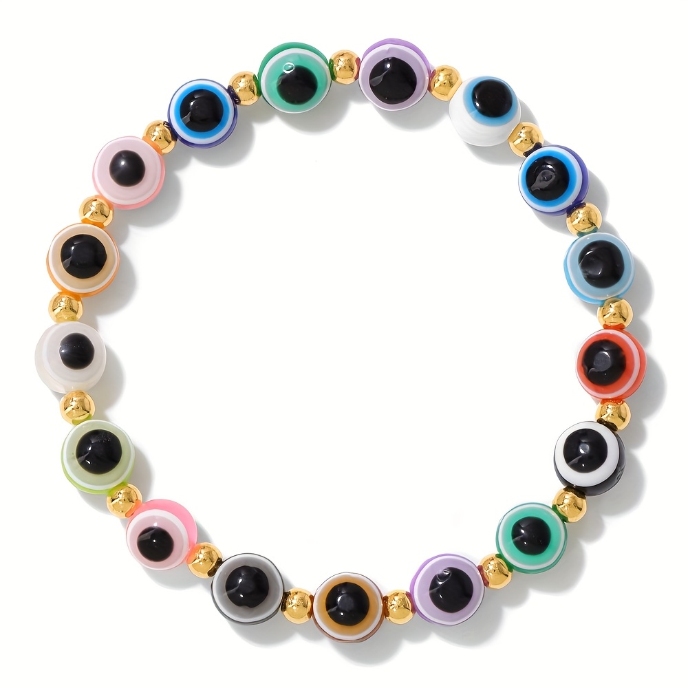 Evil Eye Protection Bracelet, Adjustable Elastic & Golden Beaded Jewelry