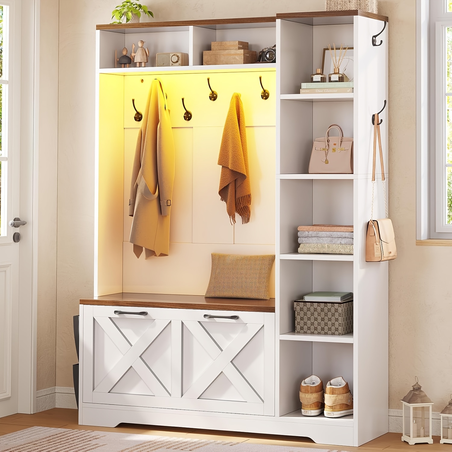 Farmhouse Entryway Organizer with Bench & Shoe Cabinet - 7 Shelves, 10 Hooks, LED Lighting, USB-Powered, White Engineered Wood Storage for Hallway, Living Room, Bedroom - Easy Assembly, No Tools Needed, Entryway Storage, Rustic Charm, Durable Construction, Home Organization, Minimalist Design, Sturdy Construction, Home Decorators